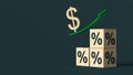 Dollar symbol rises up a green arrow above a pyramid of wooden cubes with a percent sign on each side. 3D rendering.