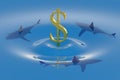 Dollar symbol sinking in the water with sharks 3d