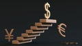 Dollar symbol sits at the top of the stairs above the falling symbols of other currencies against a dark background.