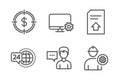 Dollar target, 24h service and Person talk icons set. Monitor settings, Upload file and Engineer signs. Vector