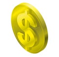 Dollar vector gold coin in isometric perspective. Three dimensional symbol, buck mark.