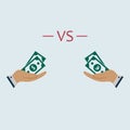 Dollar VS euro icon on hand. banknote icon. vector symbol flat simple sytle