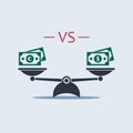 Dollar vs euro on scales. vector symbol flat style