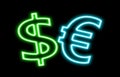 Dollar Vs Euro $ Ã¢âÂ¬ finance neon sign glow isolated on black Royalty Free Stock Photo