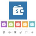 Dollar wallet flat white icons in square backgrounds Royalty Free Stock Photo