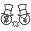 Dollar and yen conflict line icon, economic sanctions concept, competition currency in hats sign on white background Royalty Free Stock Photo