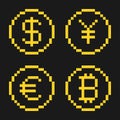 Dollar yen euro bitcoin pixel icons