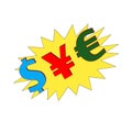Dollar, Yen, Euro currency symbol yellow starbrust white background 3d Royalty Free Stock Photo