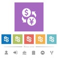 Dollar Yen money exchange flat white icons in square backgrounds Royalty Free Stock Photo
