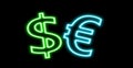 Dollar $ Ã¢âÂ¬ Euro finance neon sign glow isolated on black Royalty Free Stock Photo