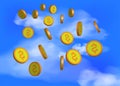 3D dollar coin drop from sky logo icon isolated on blue sky background.