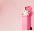 Dollars bank notes in pink rubbish bin on pink background Royalty Free Stock Photo