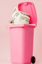 Dollars bank notes in pink rubbish bin on pink background Royalty Free Stock Photo