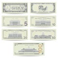 Dollars Banknote Set Vector. Cartoon US Currency. Flip Side Of American Money Bill Isolated Illustration. Cash Dollar Royalty Free Stock Photo