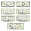 Dollars Banknote Set Vector. Cartoon US Currency. Front Side Of American Money Bill Isolated Illustration. Cash Dollar