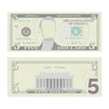 5 Dollars Banknote Vector. Cartoon US Currency. Two Sides Of Five American Money Bill Isolated Illustration. Cash Symbol Royalty Free Stock Photo