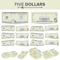 5 Dollars Banknote Vector. Cartoon US Currency. Two Sides Of Five American Money Bill Isolated Illustration. Cash Symbol Royalty Free Stock Photo