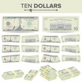 10 Dollars Banknote Vector. Cartoon US Currency. Two Sides Of Ten American Money Bill Isolated Illustration. Cash Symbol Royalty Free Stock Photo