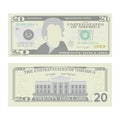 20 Dollars Banknote Vector. Cartoon US Currency. Two Sides Of Twenty American Money Bill Isolated Illustration. Cash