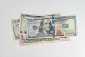 5, 20, 50, 100 dollars banknotes at different angles. Close up of dollars on white background. Royalty Free Stock Photo