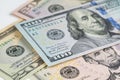 5, 20, 50, 100 dollars banknotes at different angles. Close up of dollars on white background. Royalty Free Stock Photo