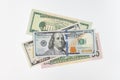 5, 20, 50, 100 dollars banknotes at different angles. Close up of dollars on white background. Royalty Free Stock Photo