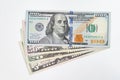 5, 20, 50, 100 dollars banknotes at different angles. Close up of dollars on white background. Royalty Free Stock Photo