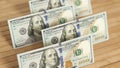 100 Dollars bill and portrait Benjamin Franklin on USA money banknote. Hundred dollar bills on wooden background Royalty Free Stock Photo