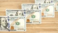 100 Dollars bill and portrait Benjamin Franklin on USA money banknote. Hundred dollar bills on wooden background Royalty Free Stock Photo