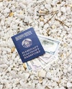 Dollars in blue passport on pebble pebble shingle