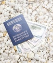 Dollars in blue passport on pebble pebble shingle