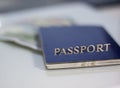 Dollars in blue passport on white background