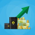 Dollars and coins, oil barrel chart graph arrow up Royalty Free Stock Photo