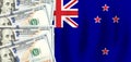 Dollars on flag of New Zealand, New Zealand finance, subsidies, social support, GDP concept