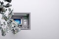 Dollars flying out of the ATM on the background of a white wall. 3D rendering Royalty Free Stock Photo