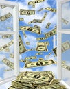 Dollars flying out from opened window Royalty Free Stock Photo