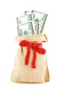 The dollars in a linen sack, bandaged by a gift red ribbon