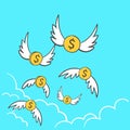 Dollars money coins with wings flying away to the sky. An overspending illustration idea for losing money, bankruptcy Royalty Free Stock Photo