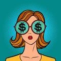 Dollars money finance, young woman in stylish sunglasses