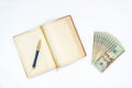 Dollars, notebook and pen. Isolated Royalty Free Stock Photo