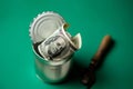 Dollars in an open tin can and a snippet. Safeguarding cash, stash concept. Time to get the deferred, accumulated money. Green