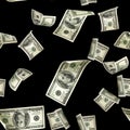 Dollars pattern us bill. Washington American cash. Falling usd money isolated on black background