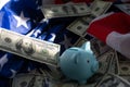 dollars, piggy bank, Money background, flag of the usa