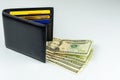 Dollars - Several banknotes of different denomination and black mens wallet. Cash Royalty Free Stock Photo