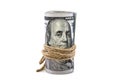 Dollars twisted into a roll isolated on white background. Royalty Free Stock Photo