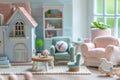 Dollhouse with miniature furniture. Generative AI Royalty Free Stock Photo