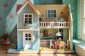 Dollhouse with miniature furniture. Generative AI Royalty Free Stock Photo