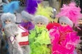 Dolls in bright multicolored women`s national costumes of Kazakhstan.