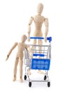 Dolls family go to supermarket with shopping cart
