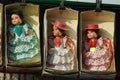 Closeup photo with three dolls in flamenco dress seen in the shop in Sevilla, Andalucia, Spain